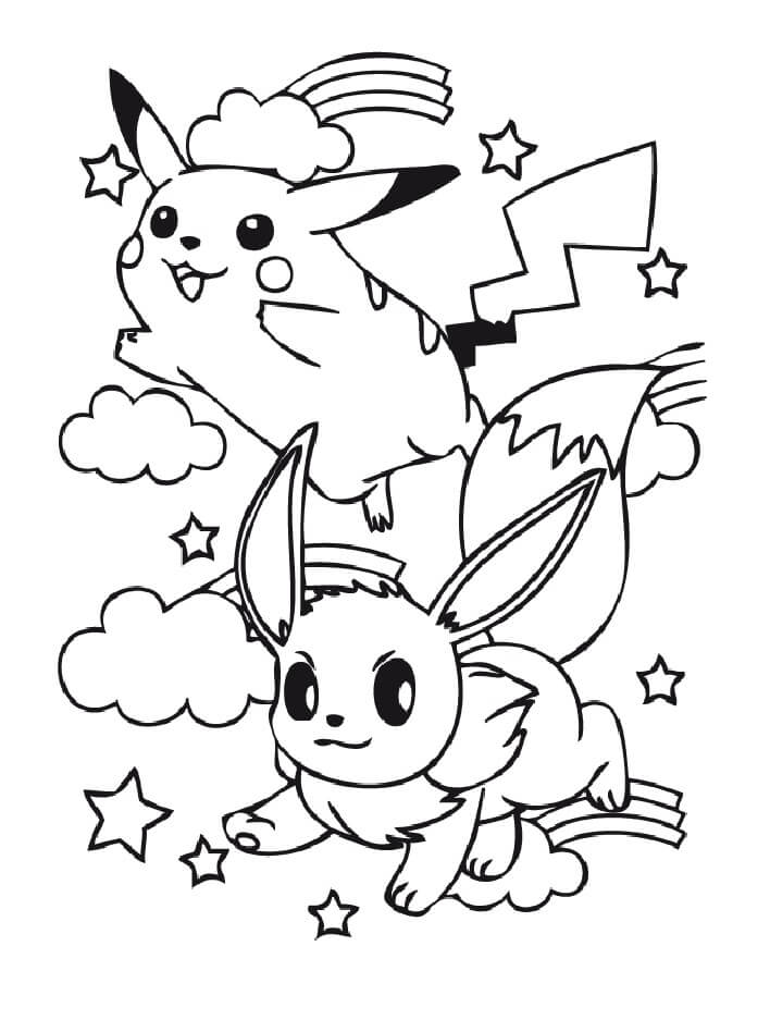 Adorable Eevee and Pikachu Tegninger til Farvelægning