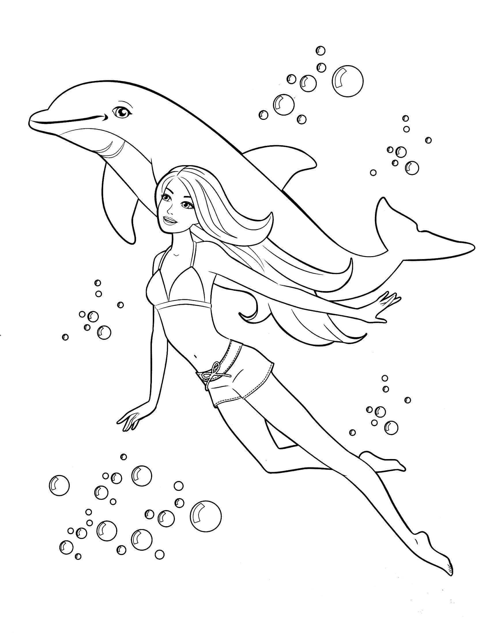 Barbie Og Delfin Svømning Tegninger til Farvelægning