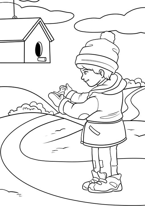 Barn Med Fugl Om Vinteren Tegninger til Farvelægning
