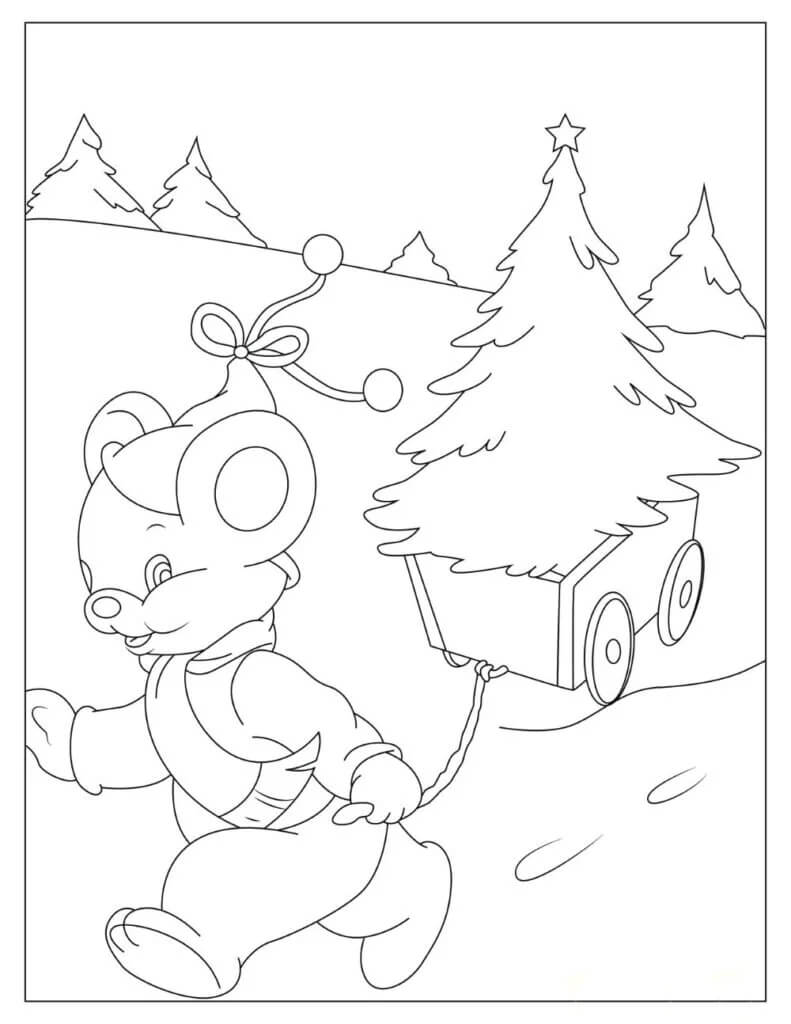 Bjørn Bærer Et Fyrretræ Tegninger til Farvelægning