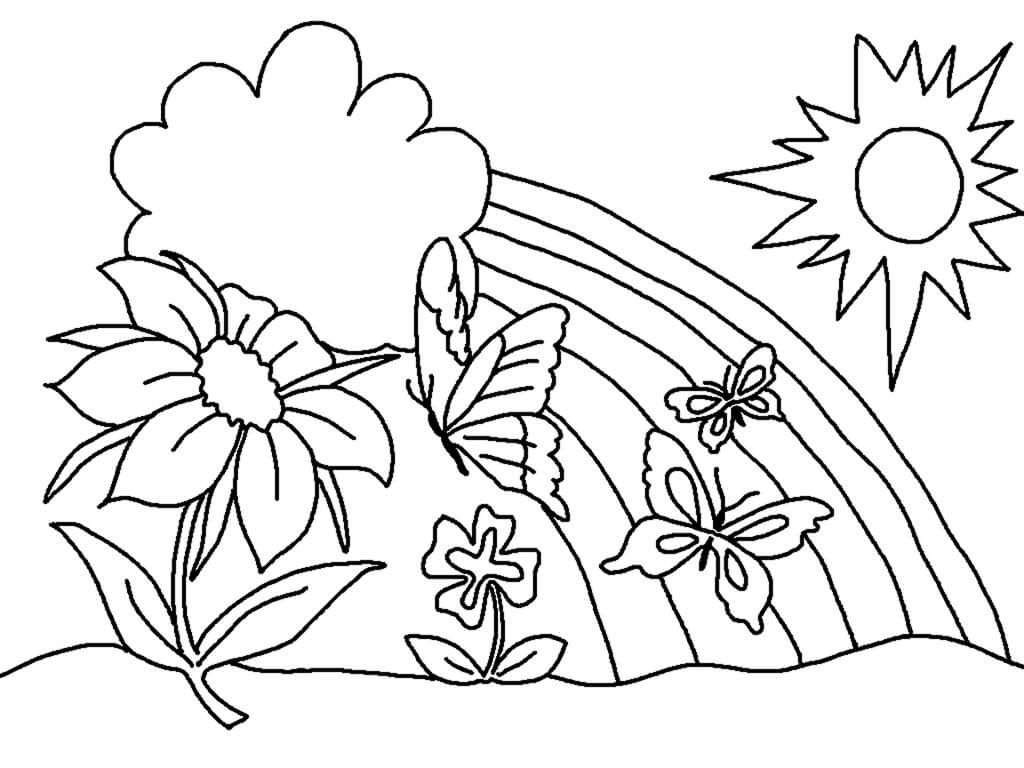 Blomst, sommerfugle, regnbue med solen om foråret Tegninger til Farvelægning