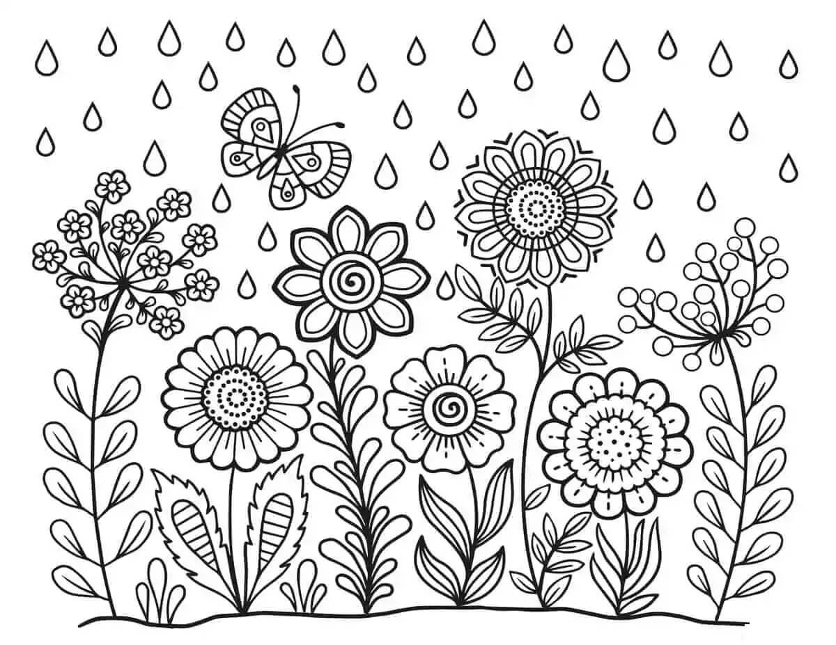 Blomsterhave med regn om foråret Tegninger til Farvelægning