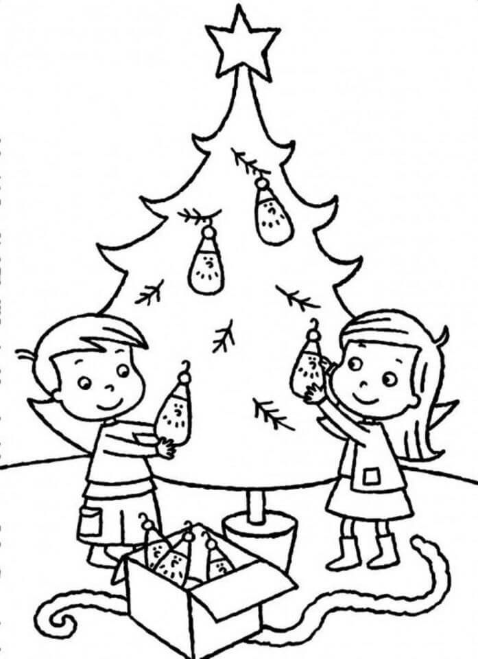 Børn Pynter Juletræet Tegninger til Farvelægning