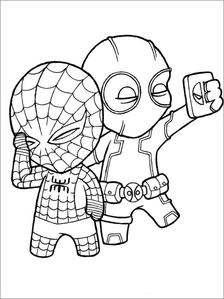 Chibi Deadpool Og Spiderman Selfies Tegninger til Farvelægning