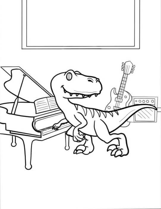Dinosaur Med Klaver Og Guitar Tegninger til Farvelægning