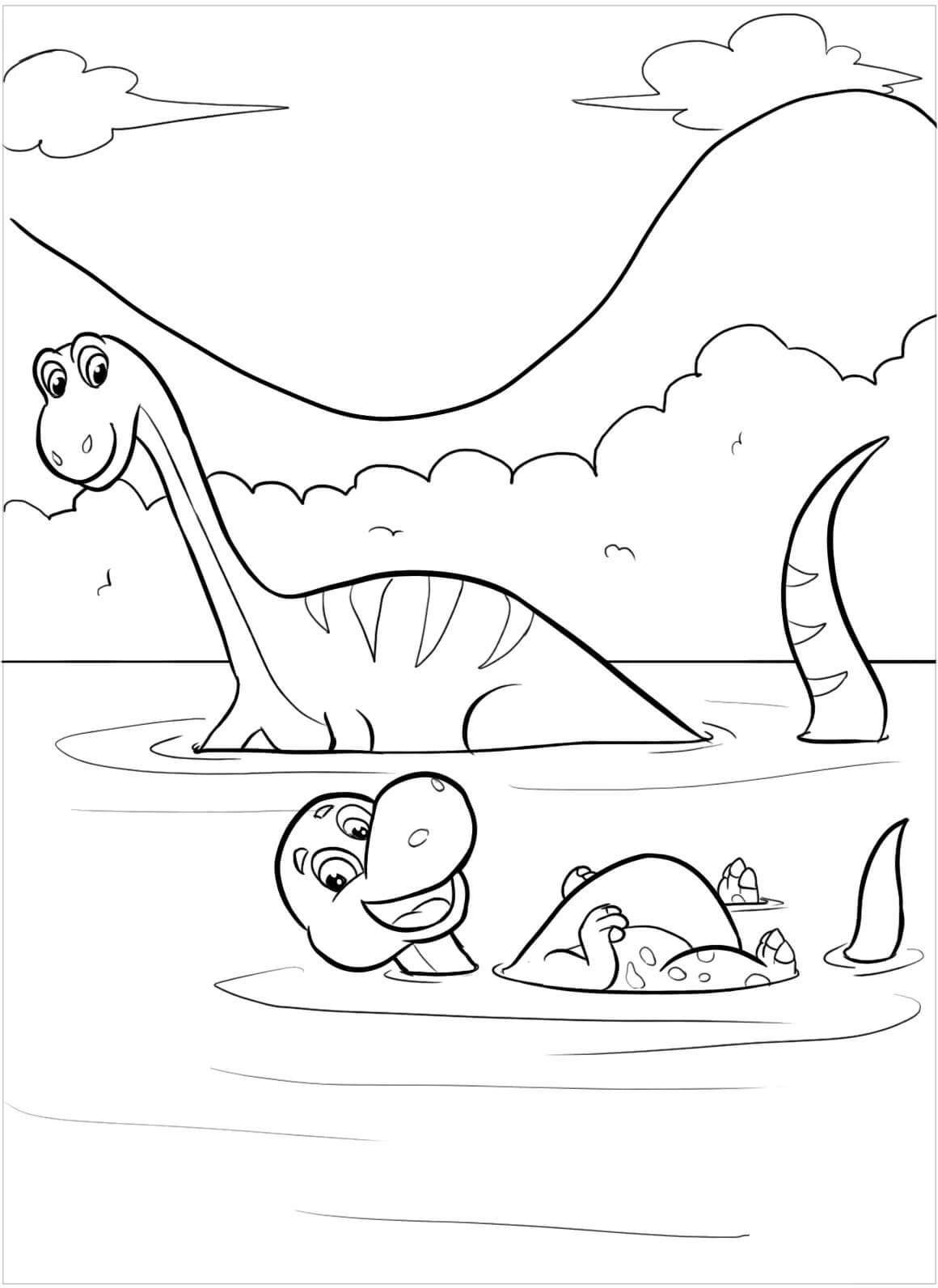 Dinosaur Og Baby Dinosaur Svømning Tegninger til Farvelægning