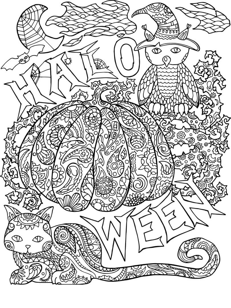 Dyr og græskar i Halloween Mandala Tegninger til Farvelægning