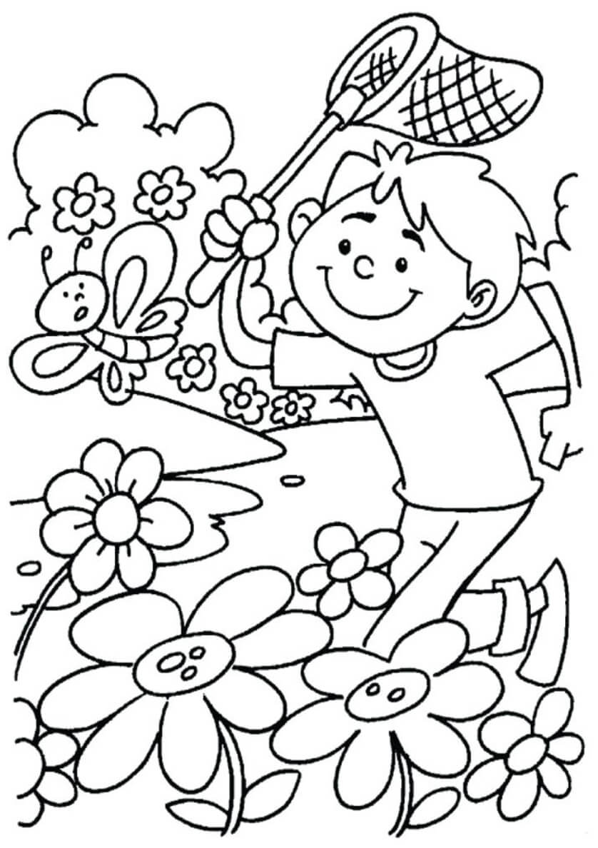 Et barn med en sommerfugl om foråret Tegninger til Farvelægning
