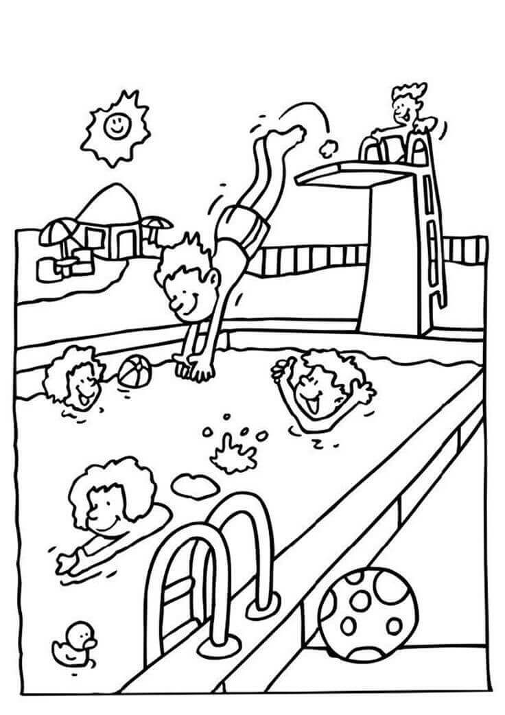 Fem Børn Svømning Tegninger til Farvelægning