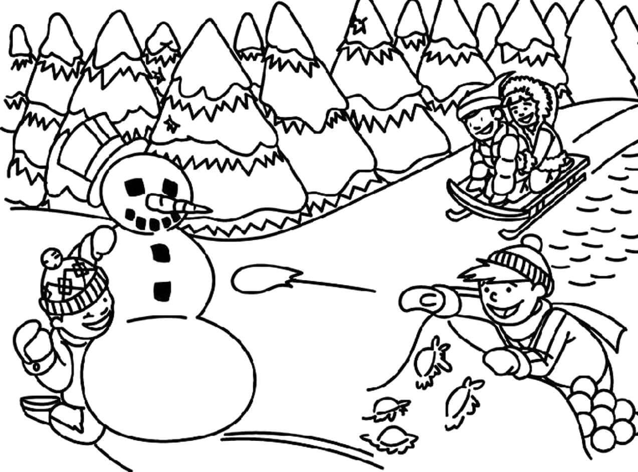 Fire Børn Med Snemand Om Vinteren Tegninger til Farvelægning