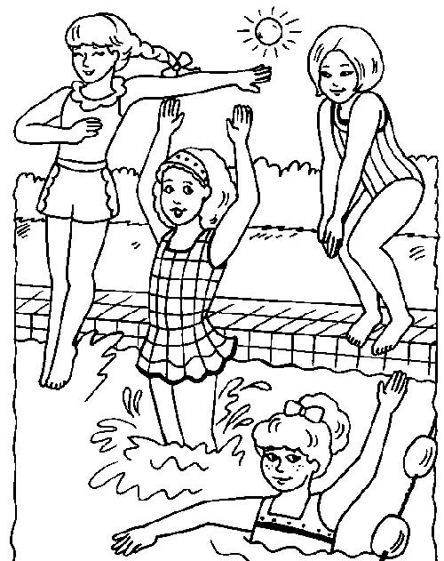 Fire Piger I Svømmehallen Tegninger til Farvelægning
