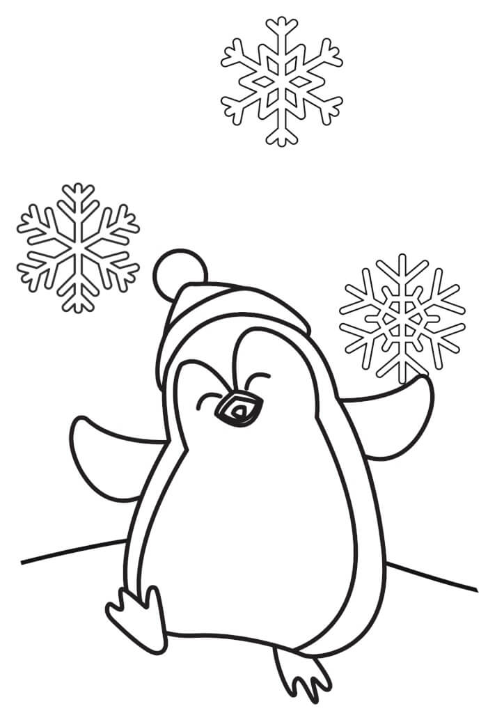 Glad Pingvin Med Snefnug Om Vinteren Tegninger til Farvelægning