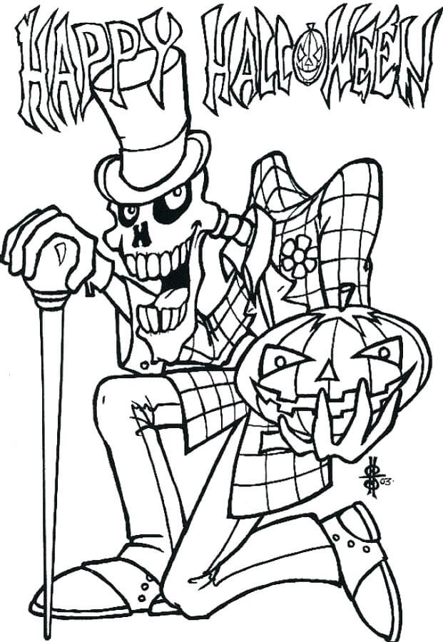 Glædelig Halloween Med Skræmmende Skelet Tegninger til Farvelægning