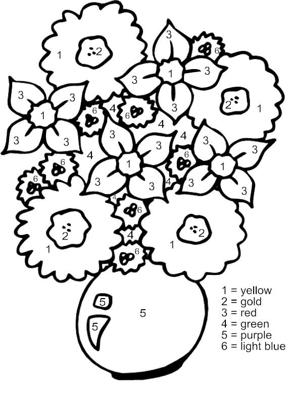 Grundlæggende vase med blomster, farve efter nummer Tegninger til Farvelægning