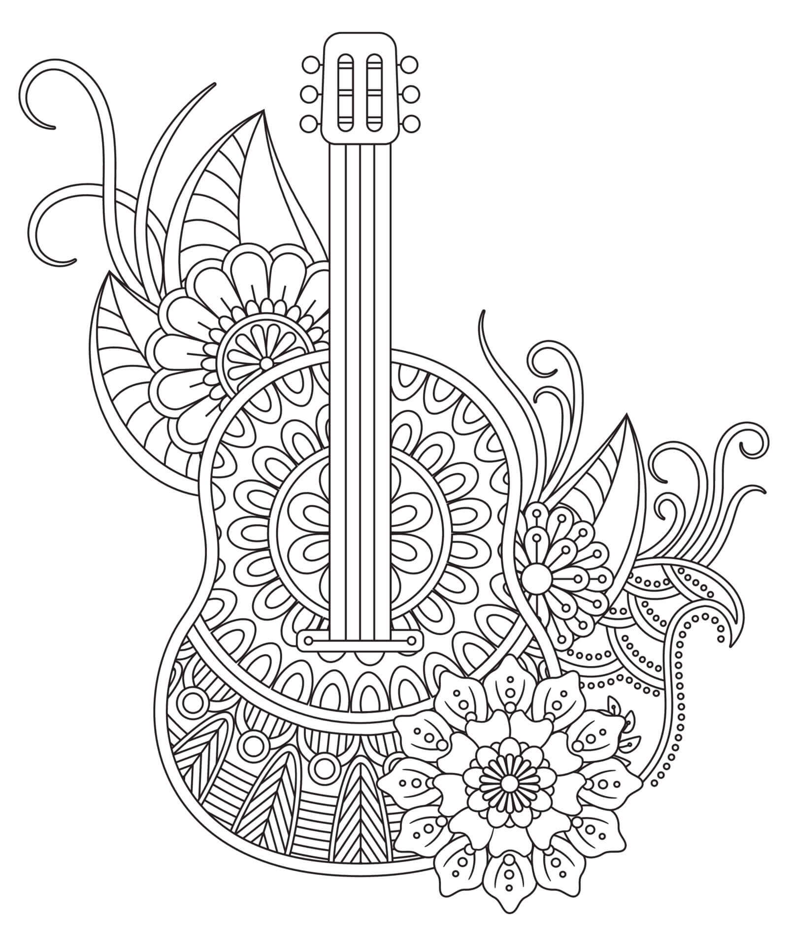 Guitar Med Blomst Mandala Tegninger til Farvelægning