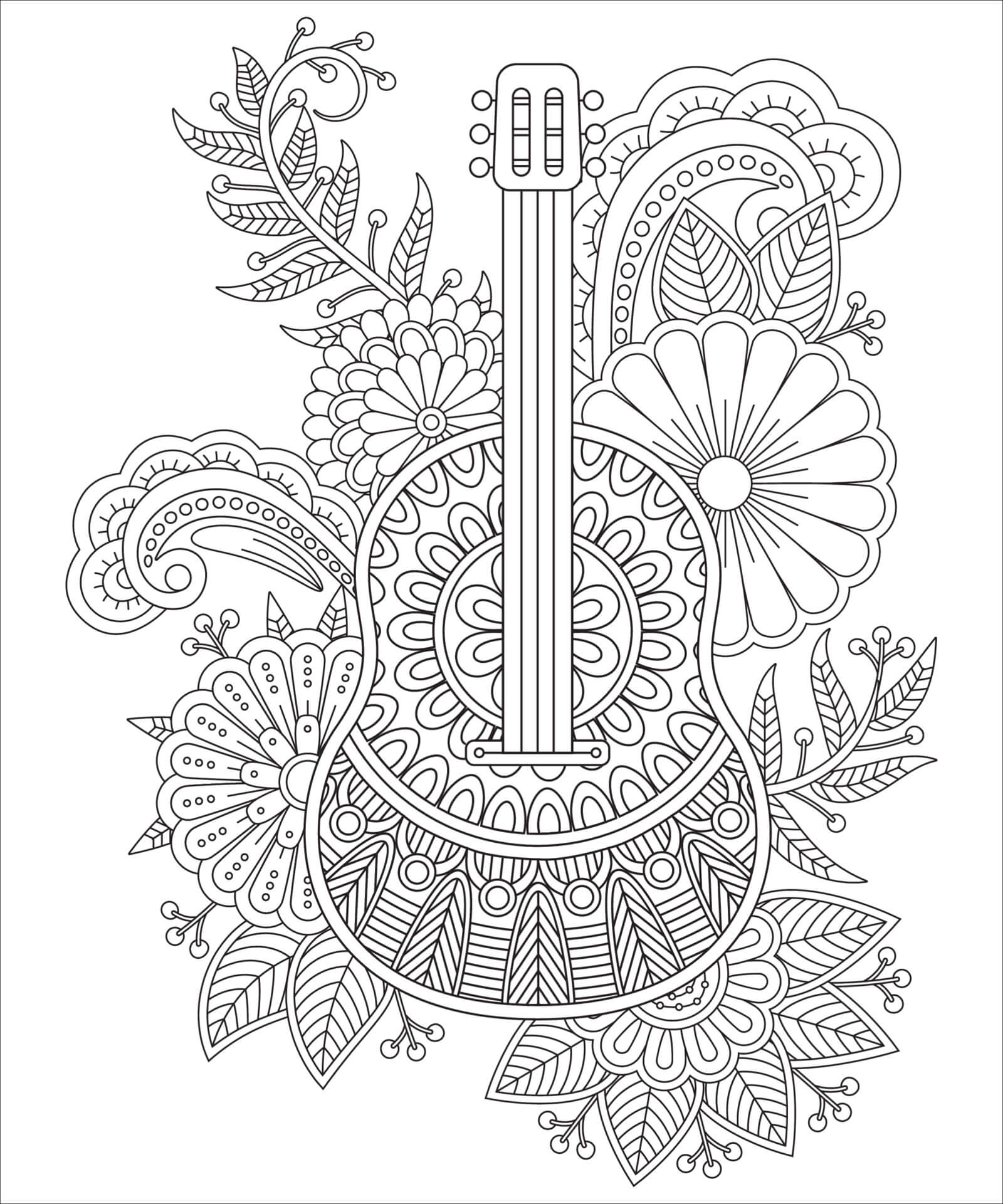 Guitar Med Blomstermandala Tegninger til Farvelægning