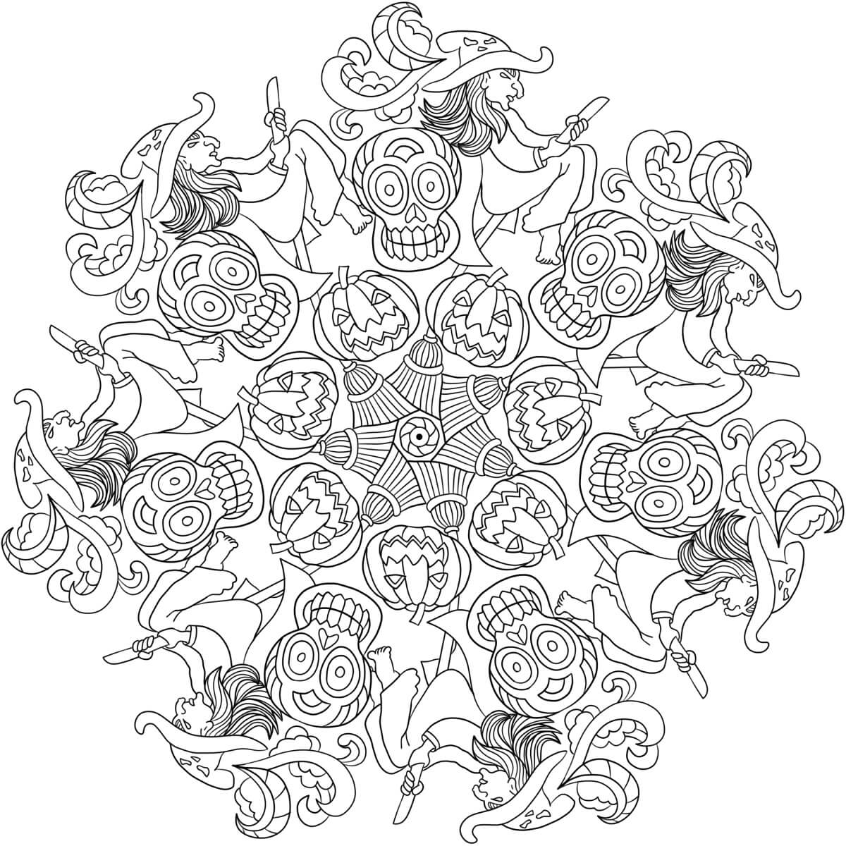 Hekse og græskar med kranier i Halloween Mandala Tegninger til Farvelægning