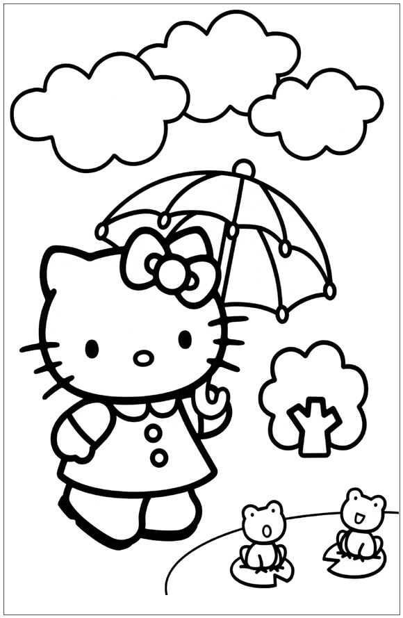 Hello Kitty Holder Paraply Med To Frøer Tegninger til Farvelægning