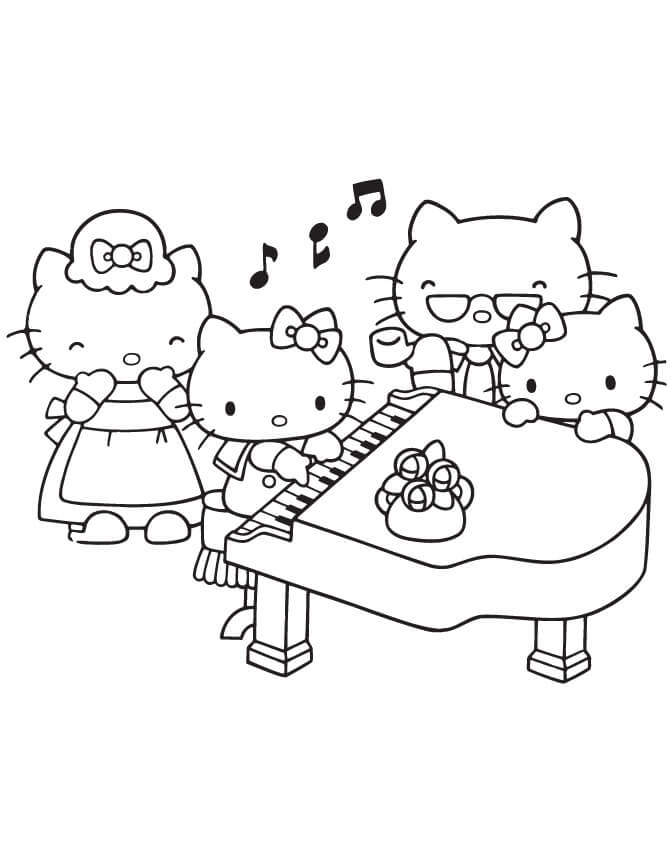 Hello Kitty Spiller Klaver Med Familien Tegninger til Farvelægning