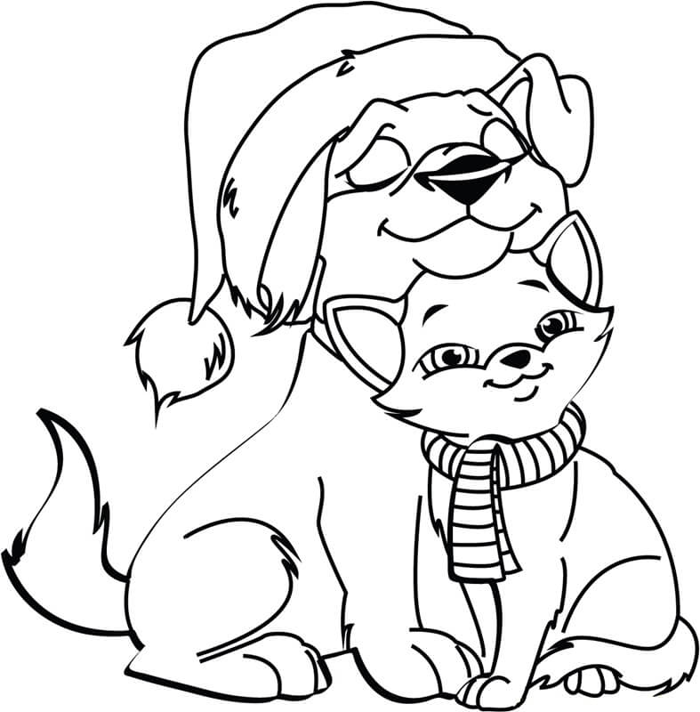 Hund Og Kat I Julen Tegninger til Farvelægning