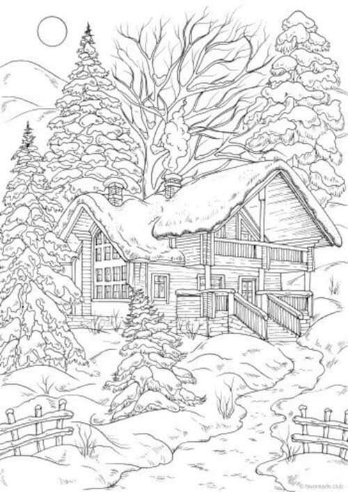 Hus Med Træer Om Vinteren Tegninger til Farvelægning