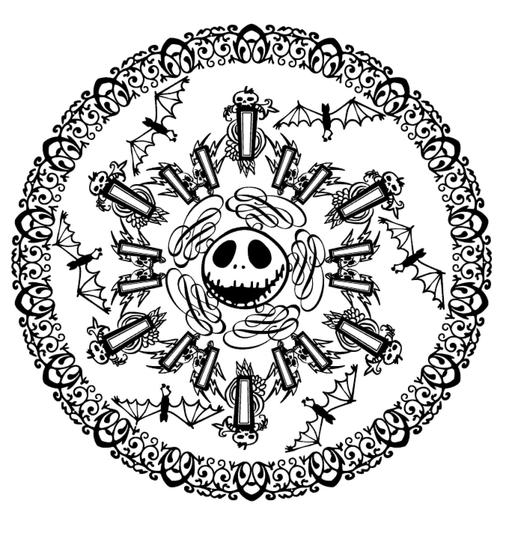 Jack Skellington Halloween Mandala Tegninger til Farvelægning