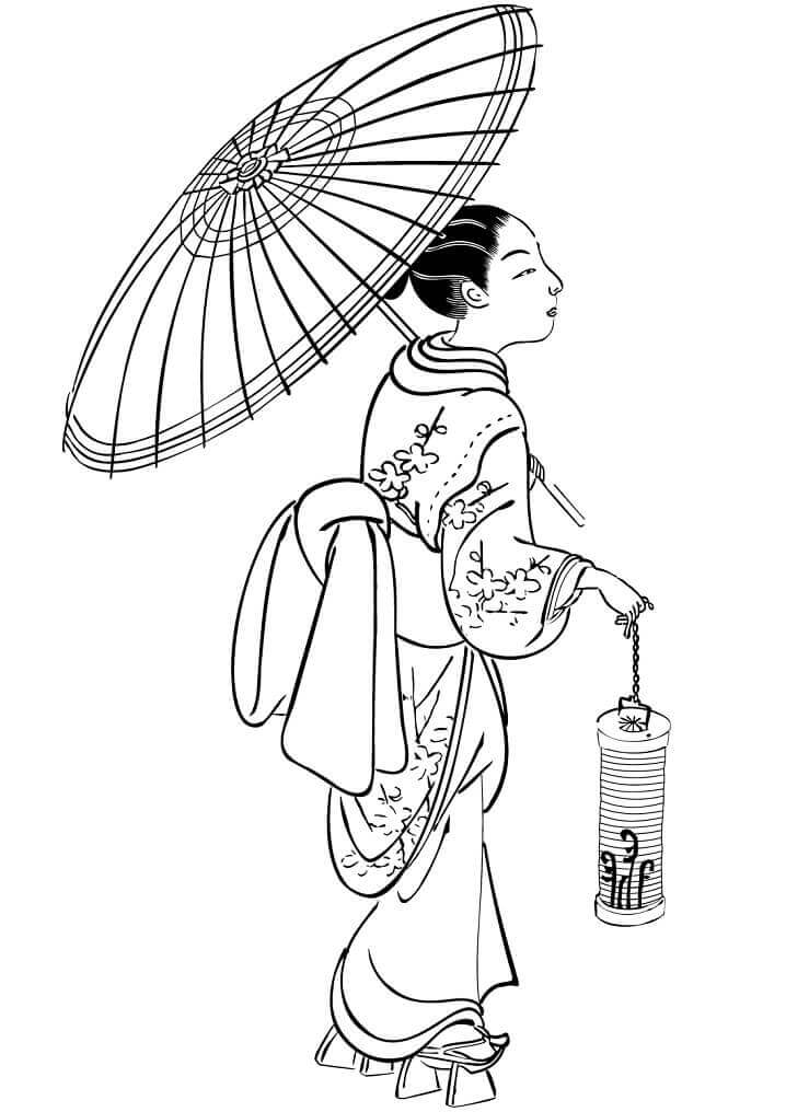 Japan Pige Med Paraply Tegninger til Farvelægning