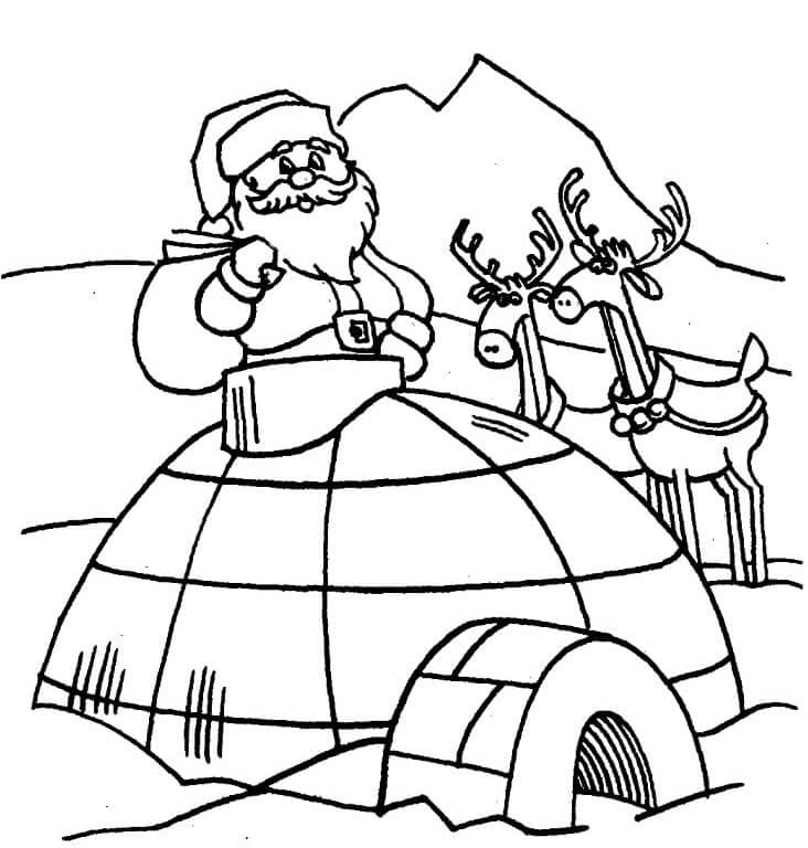 Julemanden og to rensdyr med iglo Tegninger til Farvelægning