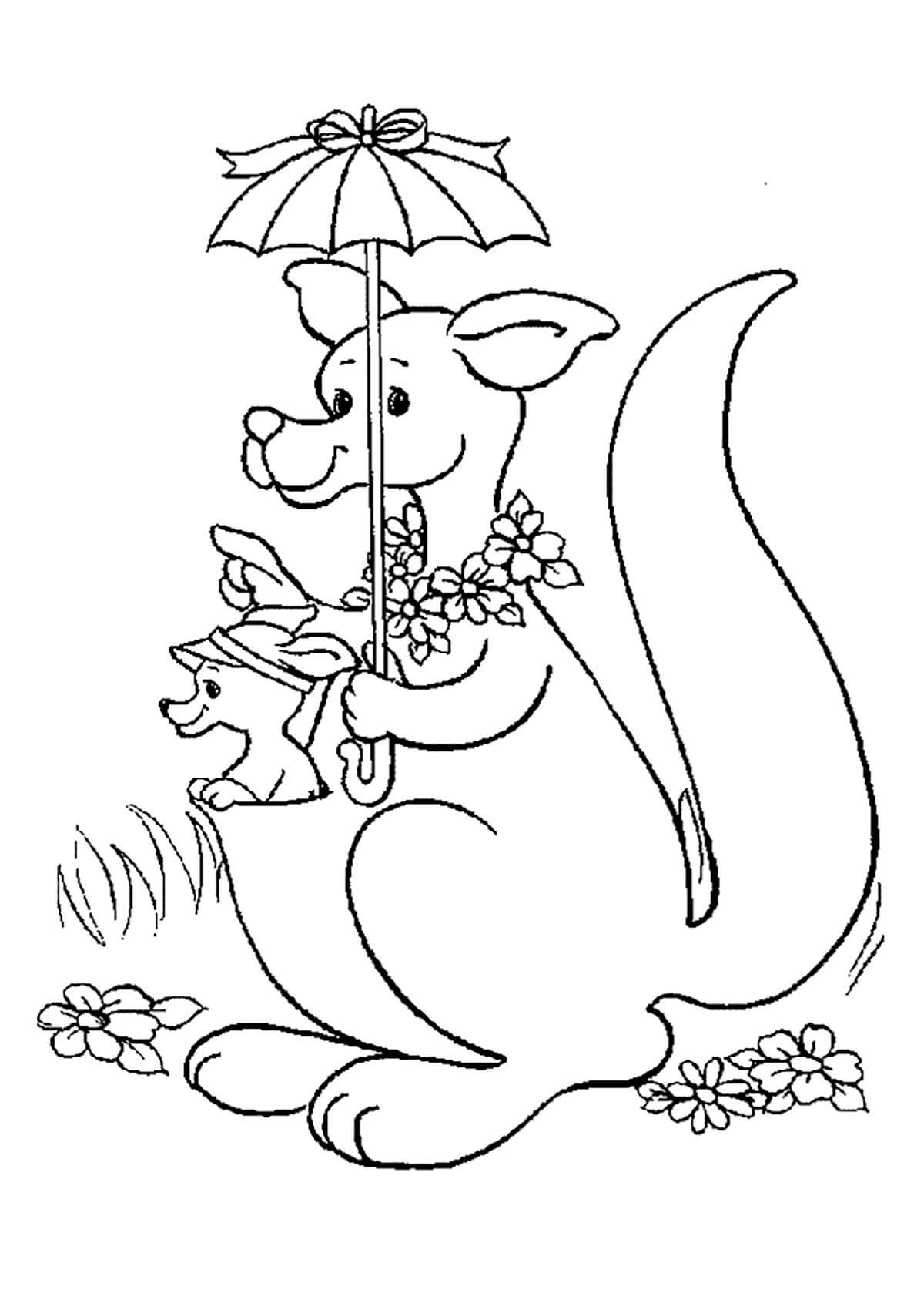 Kænguru Holder Paraply Med Baby Kænguru Tegninger til Farvelægning