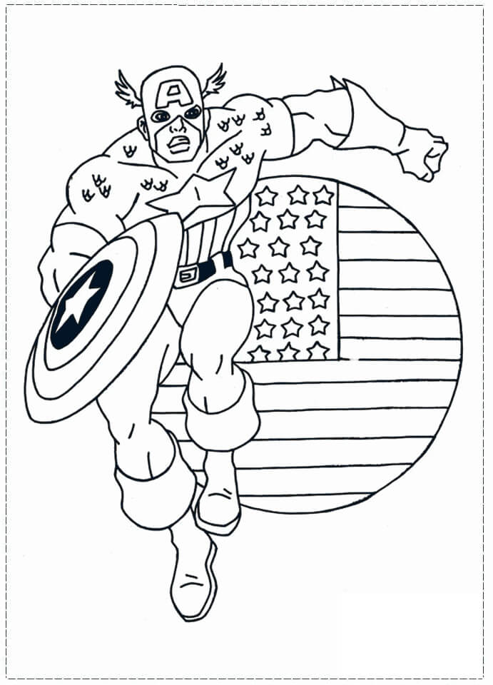 Kaptajn Amerika Løber Med Det Amerikanske Flag Tegninger til Farvelægning