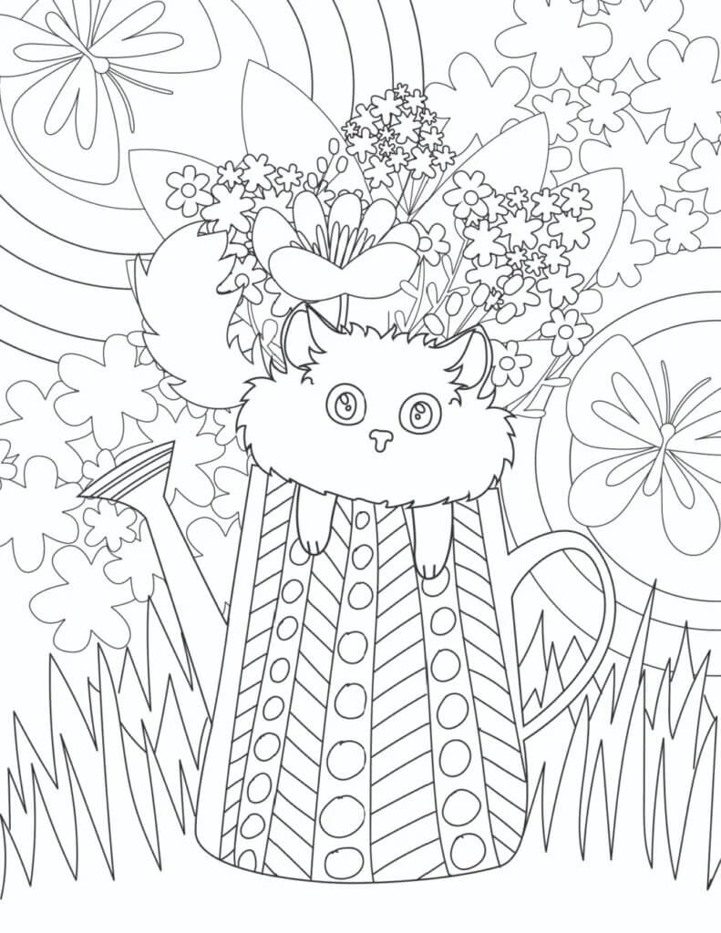 Kat med blomster om foråret Tegninger til Farvelægning