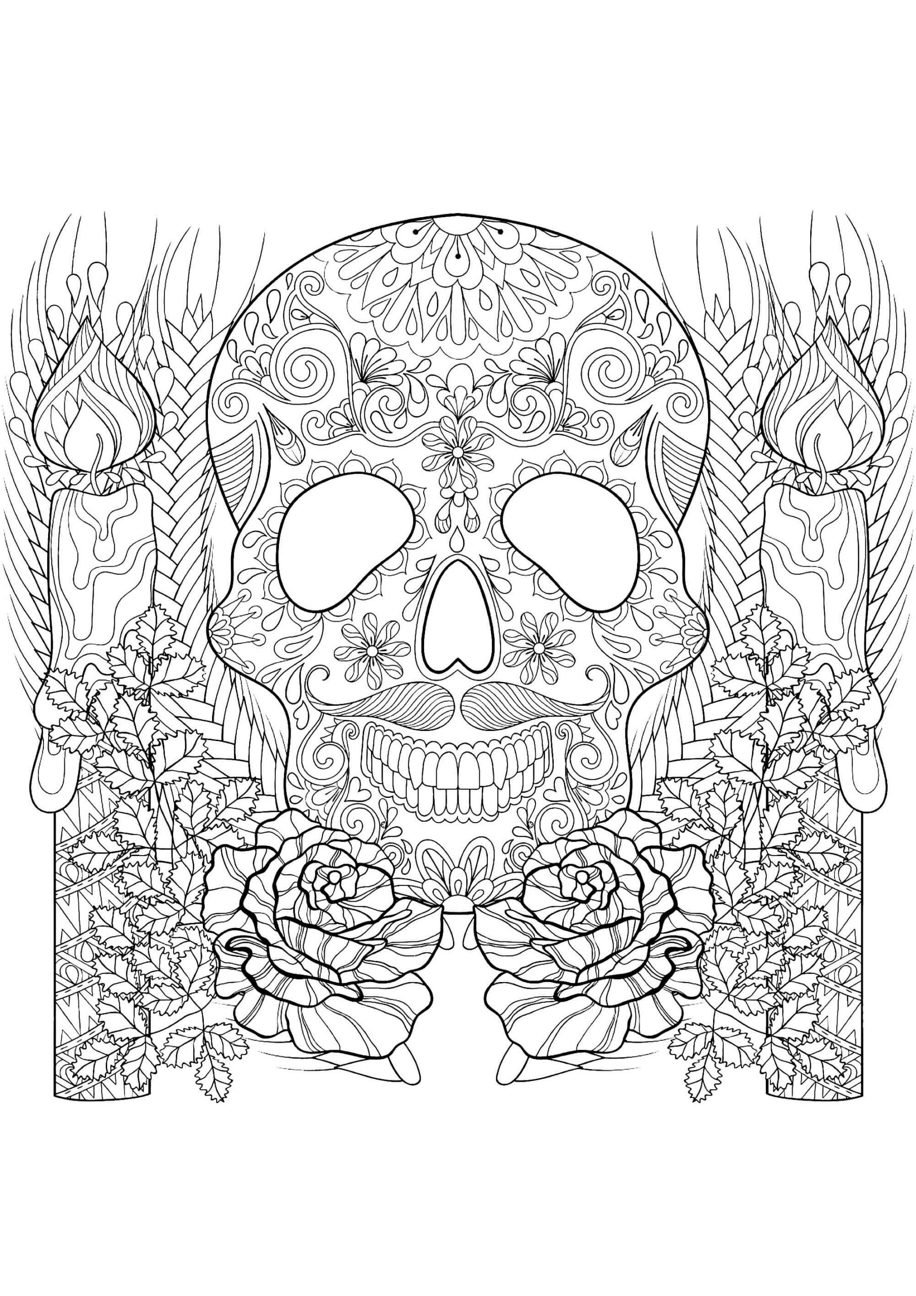 Kranie og stearinlys i Halloween Mandala Tegninger til Farvelægning