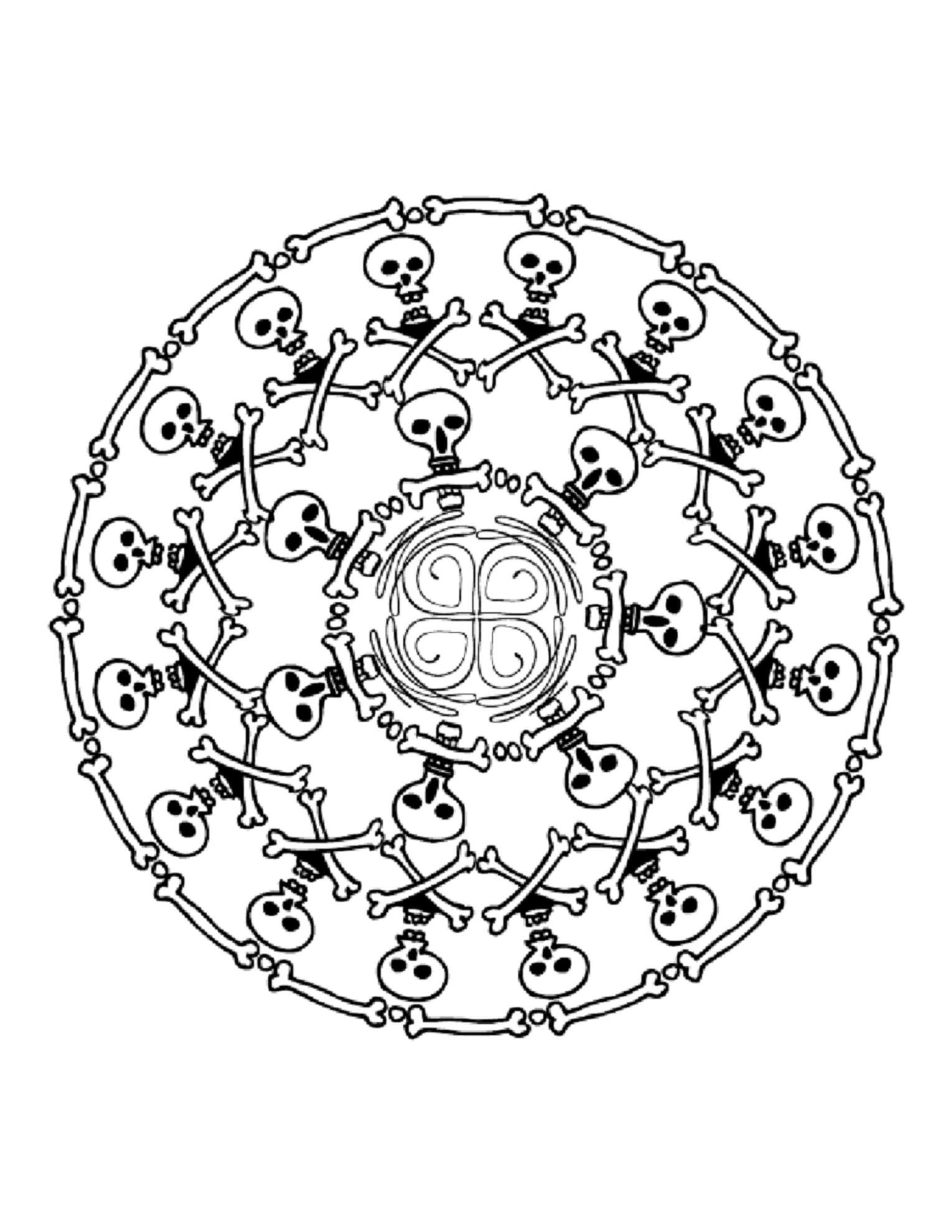 Kranier og knogler i Halloween Mandala Tegninger til Farvelægning