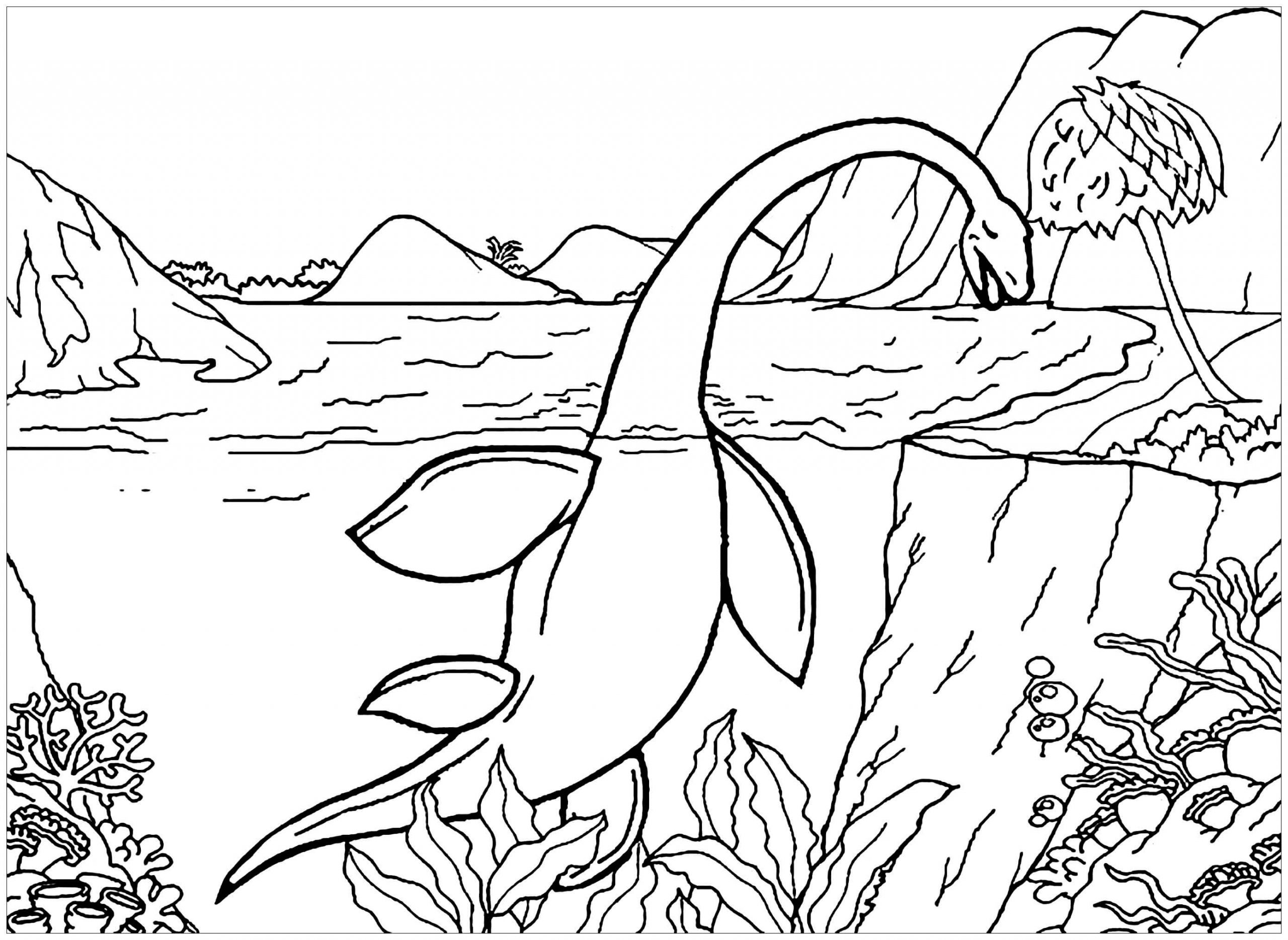 Langhalset Dinosaur På Stranden Tegninger til Farvelægning