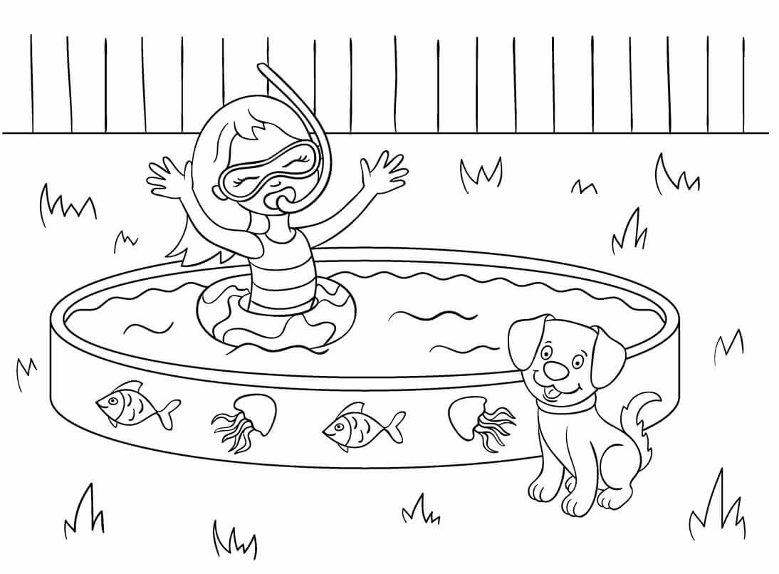 Lille Pige I Swimmingpool Med Hund Tegninger til Farvelægning