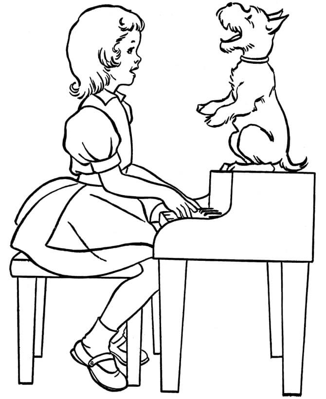 Lille Pige Spiller Klaver Med Hund Tegninger til Farvelægning
