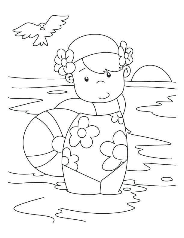 Lille Pige Ved Strandsvømning Tegninger til Farvelægning