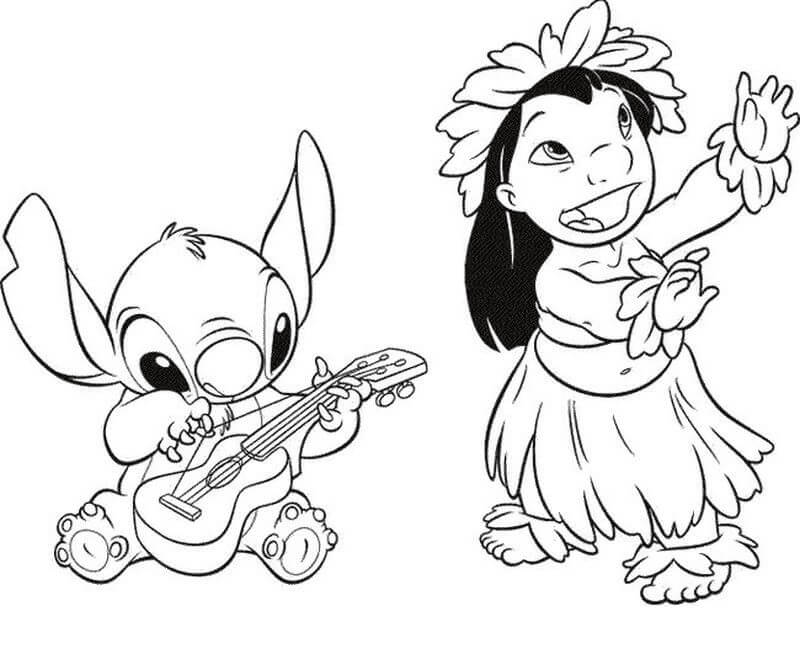 Lilo Danser Og Stitch Spiller Guitar Tegninger til Farvelægning