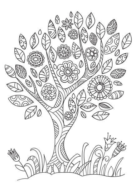 Mandala med et forårstræ Tegninger til Farvelægning