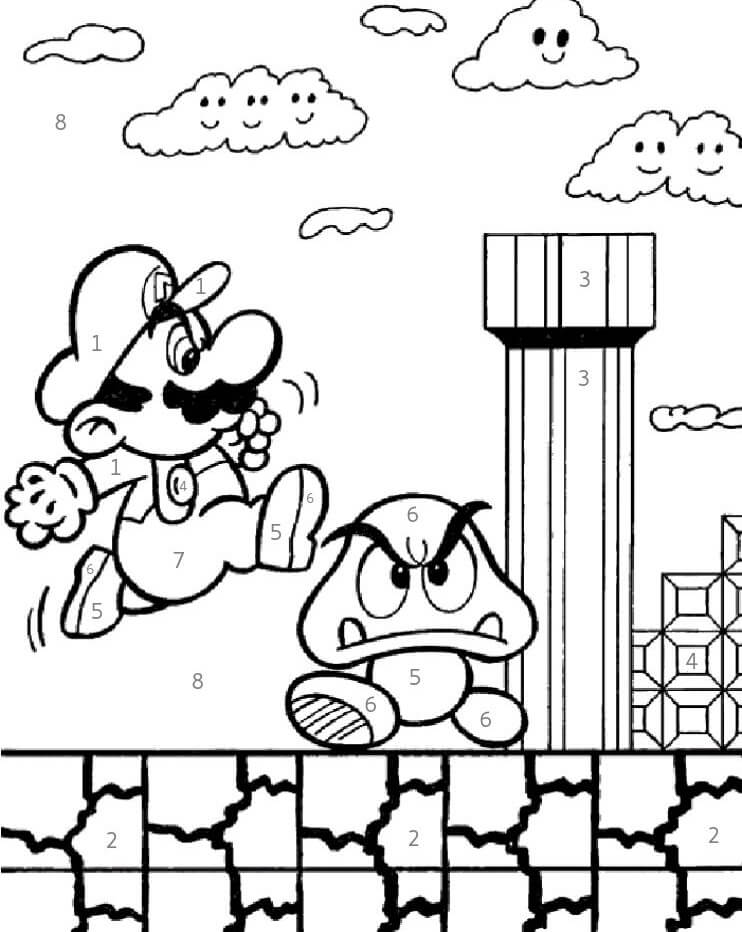 Mario hopper farve efter nummer Tegninger til Farvelægning