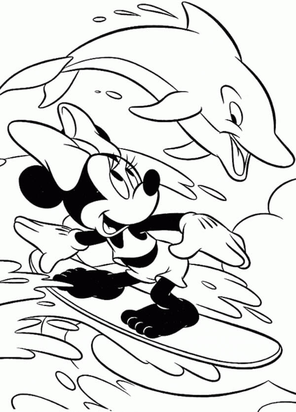 Minnie Mouse Surfer Med Delfinsvømning Tegninger til Farvelægning