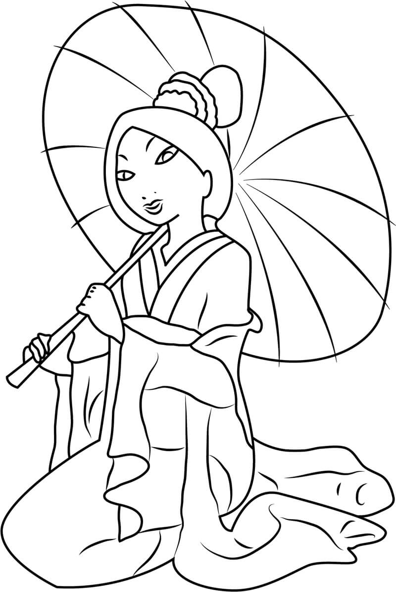 Mulan Holder Paraply Tegninger til Farvelægning