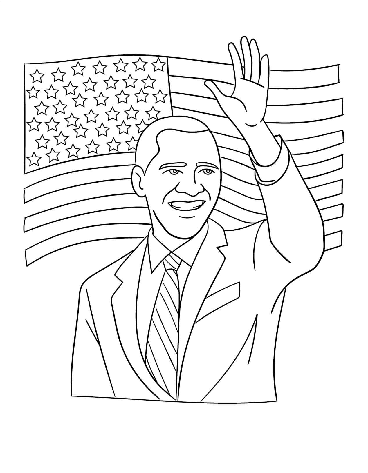 Obama Sig Hej med Amerika Flag Tegninger til Farvelægning