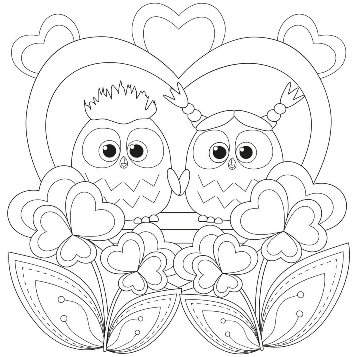 Par Ugle Med Blomster I Valentine Tegninger til Farvelægning