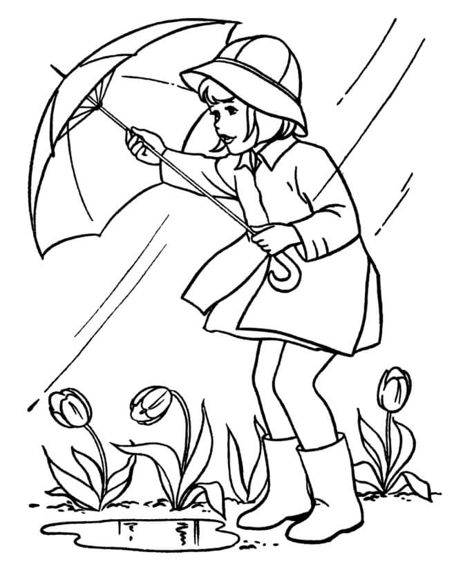 Pige holder en paraply om foråret Tegninger til Farvelægning