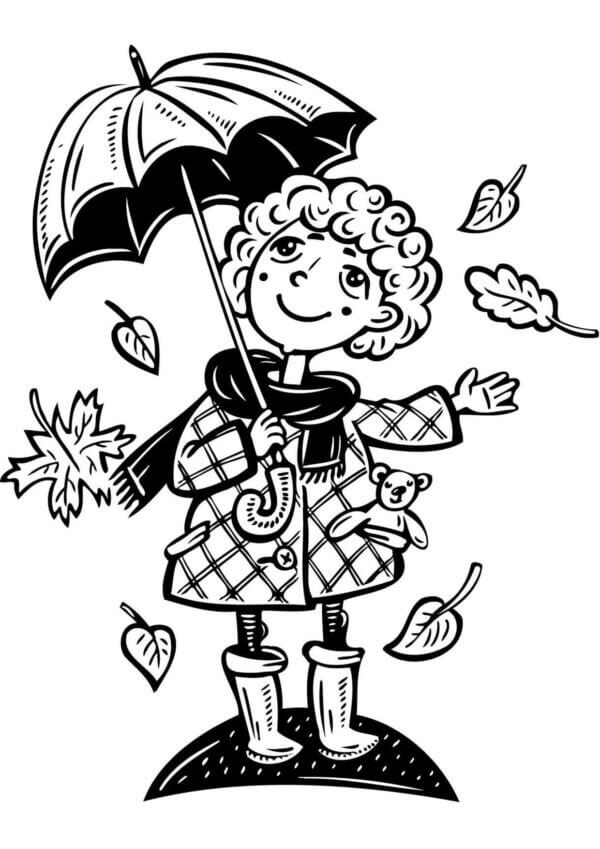 Pige Holder Paraply Om Efteråret Tegninger til Farvelægning