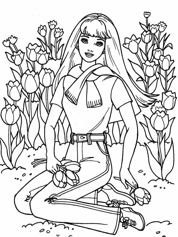 Pige med blomsterhave i foråret Tegninger til Farvelægning