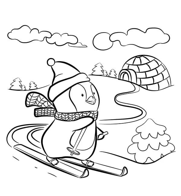 Pingviner På Ski Om Vinteren Tegninger til Farvelægning