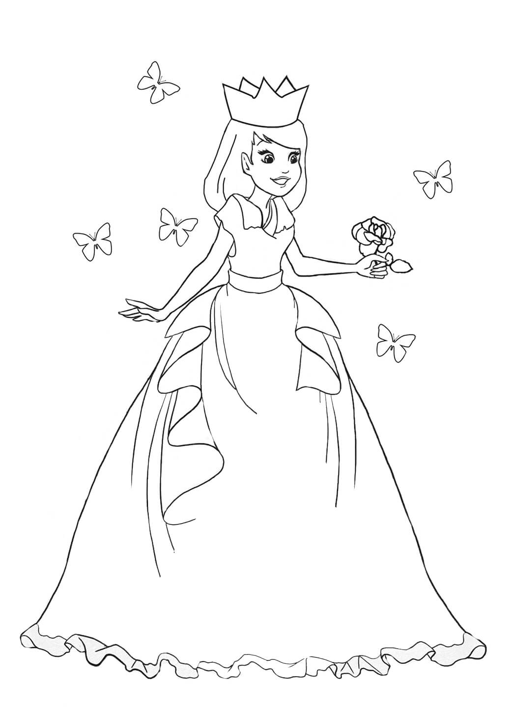 Prinsesse Holder Blomst Med Sommerfugle Tegninger til Farvelægning