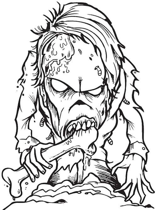 Skræmmende Zombie Spise Knogle Tegninger til Farvelægning